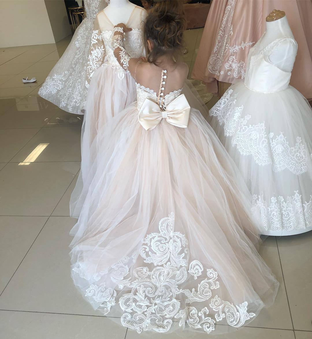 Kids Lace Long Sleeve Tulle Girls Flower Girl Gowns ACH003