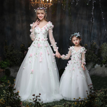 Flowers White Mother Daughter Matching Formal Dress GFGD492