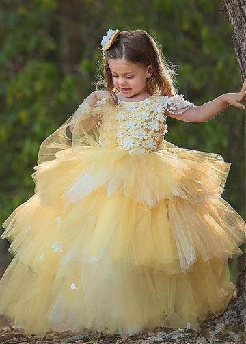 Yellow Kiddie Layered Ruffle Ball Gown GACH160