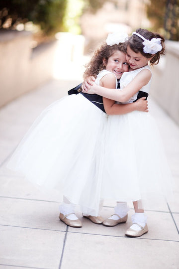 White Flower Girl Dress with Black Sashes GACH225