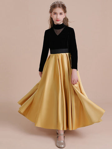 Girls Long Sleeve Black and Gold Party Gown GBCH046