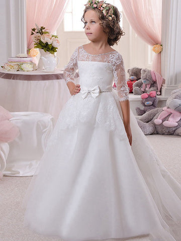 White Half Sleeve Kiddie Party Dress GCH0137