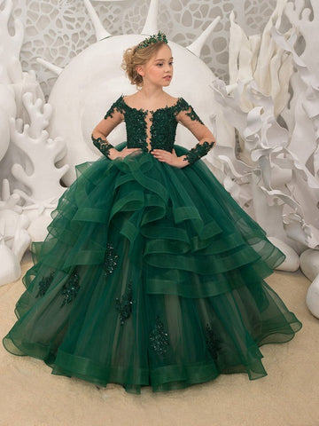 Long Sleeve Dark Green Girl Party Gown GCH0153
