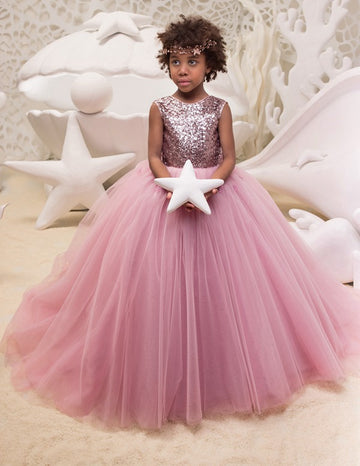 Sequins Salmon Girls Ball Gown Party Dress GCHK033