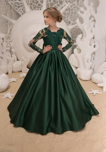 Dark Green Long Sleeve Girls Party Gown GCHK040