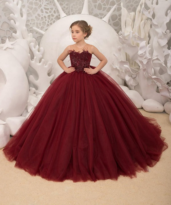 Kids Dark Burgundy Puffy Party Gown GCHK182 Kids Dark Burgundy Puffy Party Gown GCHK182