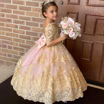 Kiddie Half Sleeve Gold Ball Gown GCHK207