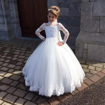 White Lace Kids Long Sleeve Ball Gown GCHK210