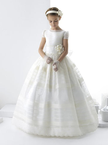 Kids Short Sleeve White First Communion Gown GFGD499