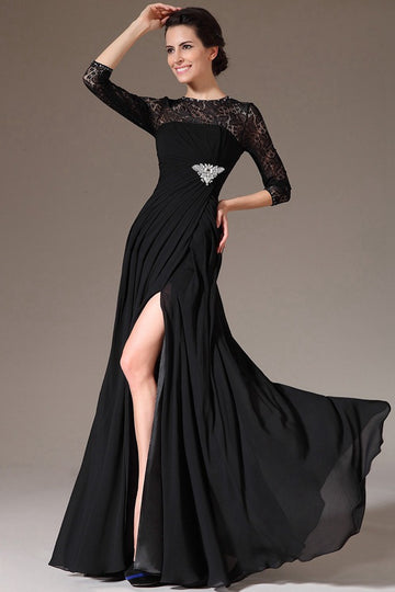 Elegant Black Half Sleeve Lace Chiffon Slit Mermaid Evening Gown JT1313