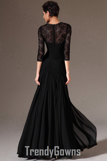 Elegant Black Half Sleeve Lace Chiffon Slit Mermaid Evening Gown JT1313