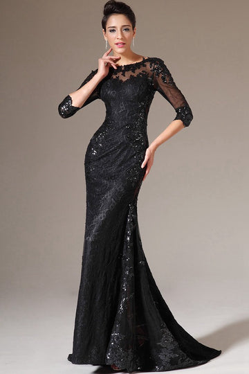 Elegant Vintage Black Half Sleeve Lace Beading Mermaid Evening Gown JT1316