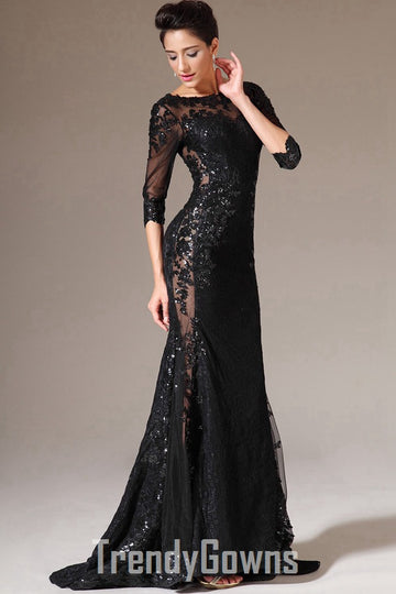 Elegant Vintage Black Half Sleeve Lace Beading Mermaid Evening Gown JT1316