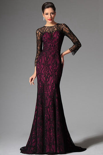 Elegant Vintage Black 3/4 Sleeve Lace Mermaid Evening Gown JT1318