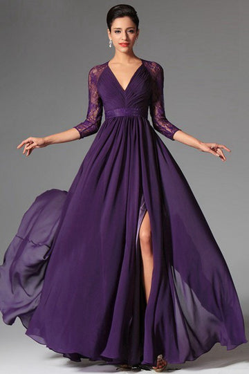 Elegant Vintage Purple V-neck 3/4 Sleeve Lace A-line Evening Gown JT1319