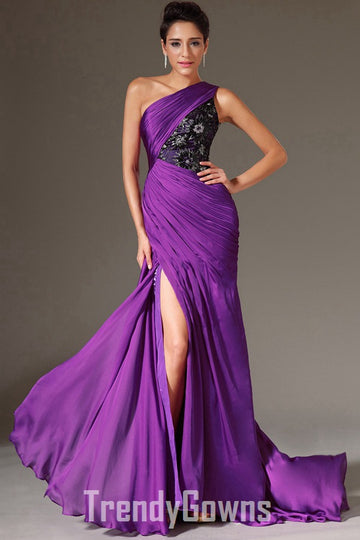 Trendy Purple One Shoulder Slit Mermaid Evening Gown JT1322