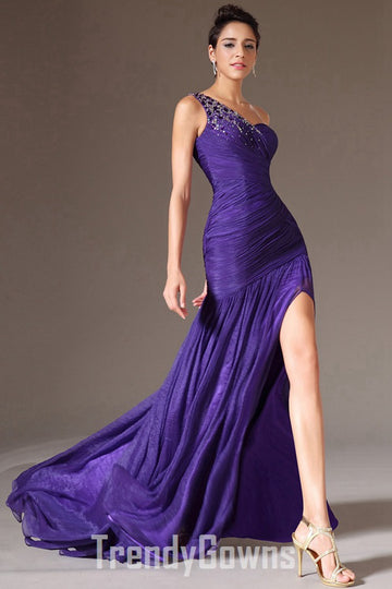 Trendy Regency Purple One Shoulder Slit Mermaid Evening Gown JT1326