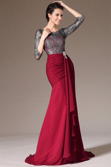 Classic Vintage Burgundy Half Sleeve Lace Appliques Mermaid Evening Gown JT1360