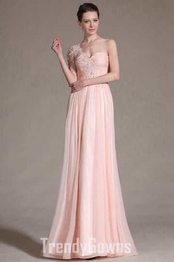 Trendy Pink A-line One Shoulder Sleeve Lace Appliques Chiffon Evening Gown JT1370