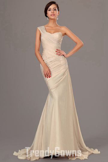 Trendy Light Champagne One Shoulder Chiffon Mermaid Evening Gown JT1380