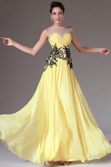 Trendy Yellow Lace Appliques Chiffon A-line Evening Gown JT1404