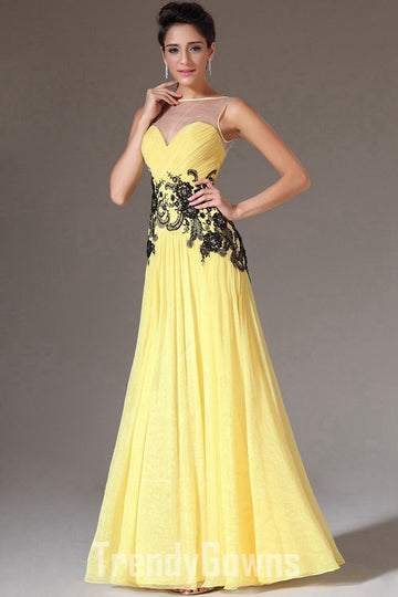 Trendy Yellow Lace Appliques Chiffon A-line Evening Gown JT1404