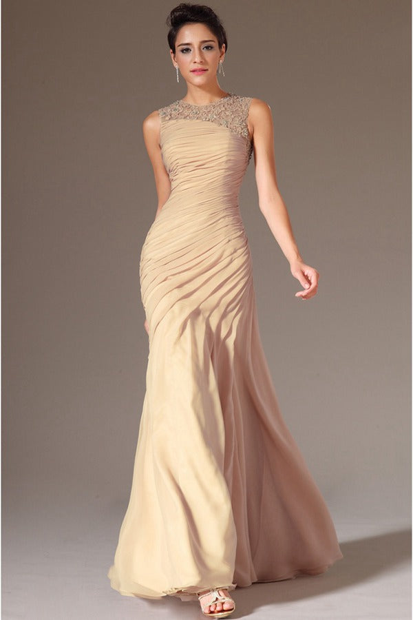 Unique Vintage Champagne Chiffon Lace Mermaid Evening Gown JT1412 Unique Vintage Champagne Chiffon Lace Mermaid Evening Gown JT1412