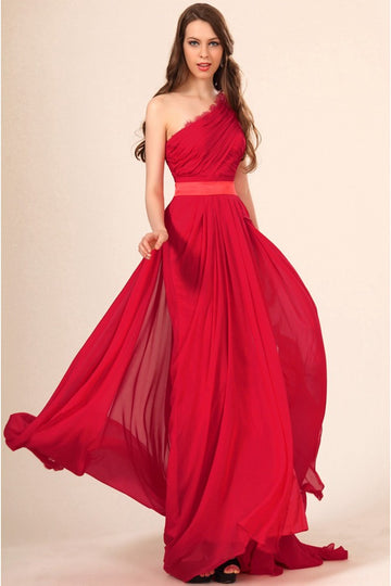 Trendy Red Chiffon One Shoulder A-line Evening Gown JT1415