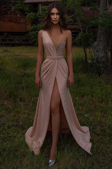 Trendy Pink Slit A-line Prom Gowns JTE648