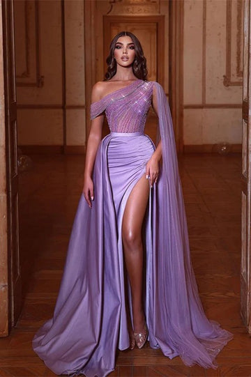 Trendy Lilac One Shoulder Split Mermaid Prom Dress JTE654