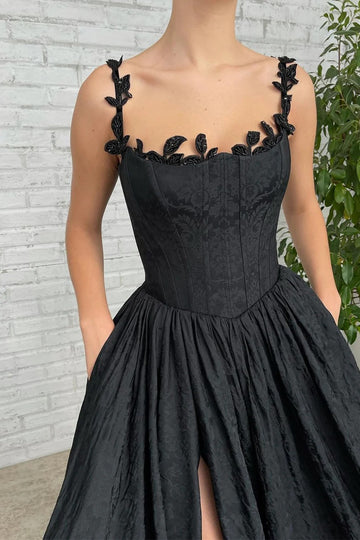 Trendy A-line Black Applique Off-the-shoulder Split Prom Dress JTE660