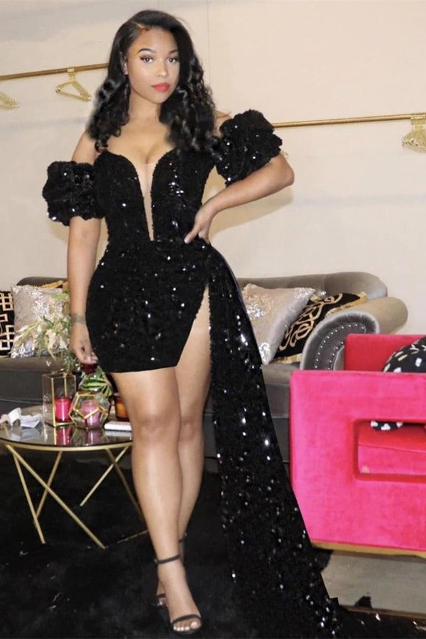 black sequin off the shoulder dress Ladivine CM354 Long Iridescent Gown Black / 6 An ideal full Shop Glamour Sequin Off-Shoulder Gown