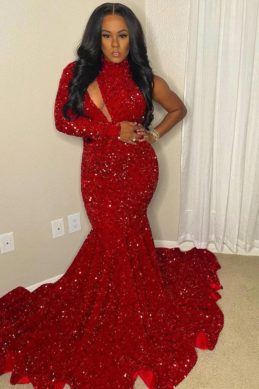 Trendy Plus One Sleeve Burgundy Sequin High Neck Mermaid Prom Gown JTE Trendy Plus One Sleeve Burgundy Sequin High Neck Mermaid Prom Gown JTE