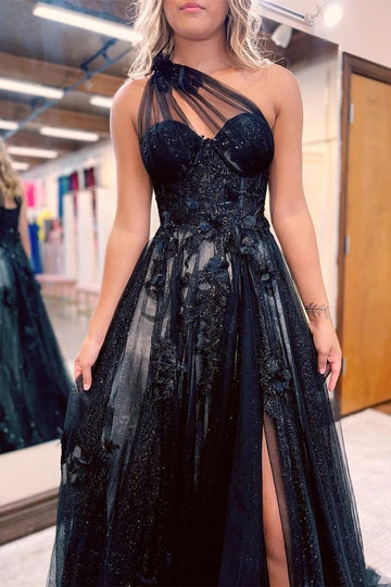Trendy Black One Shoulder A-line Lace Junior Prom Gown JTE700