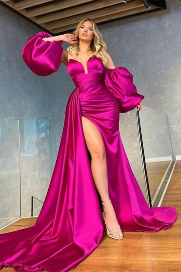 Trendy Fuchsia Detachable Sleeves Split Mermaid Evening Gown JTE709