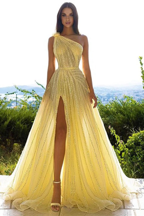 daffodil yellow prom dress Simple Long Daffodil Halter Sleeveless Mermaid Prom Dress with Slit misshow.com