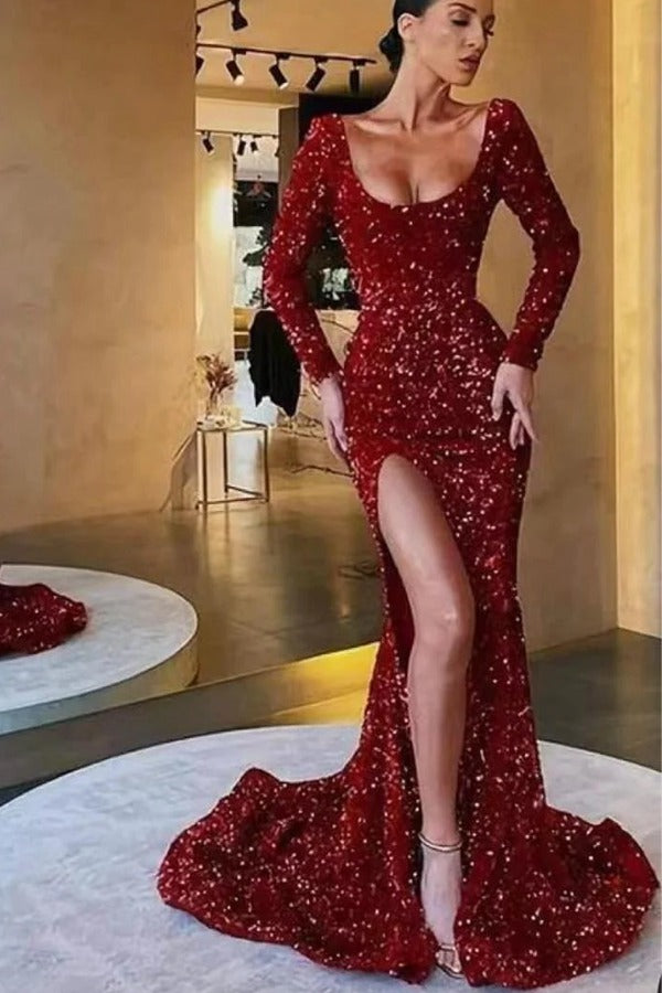 Trendy Burgundy Long Sleeve Square Slit Mermaid Prom Gown JTE718 Trendy Burgundy Long Sleeve Square Slit Mermaid Prom Gown JTE718