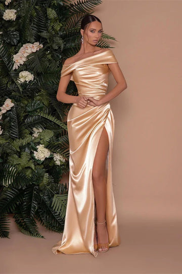 Trendy Off-the-Shoulder Slit Champagne Sheath Prom Gown JTE720