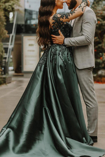 Trendy Dusty Green Long Sleeve Lace Beading Prom Gown JTE727