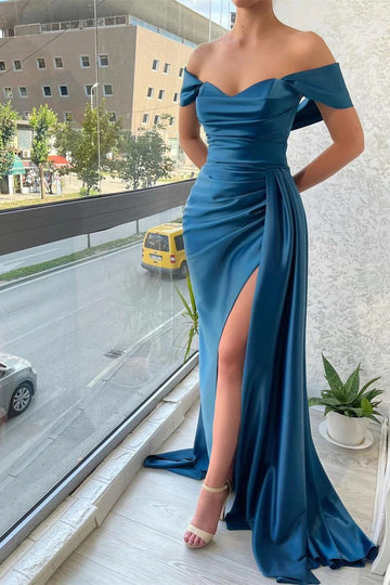 Trendy Blue Slit Off-the-shoulder Mermaid Prom Gown JTE730