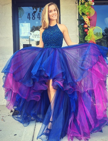 Trendy Blue and Pink Junior High Low A-line Prom Gown JTE731