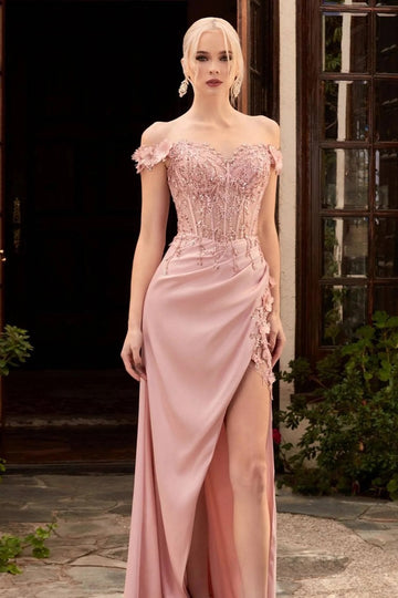 Trendy Pink Off-the-shoulder Slit A-line Lace Appliques Prom Gown JTE732