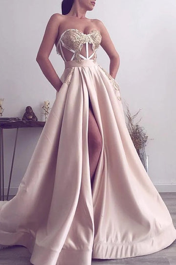 Trendy Champagne Junior Sweetheart Slit A-line Prom Gown JTE757 with Pocket