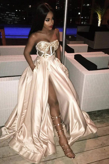 Trendy Champagne Junior Sweetheart Slit A-line Prom Gown JTE757 with Pocket