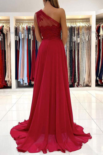 Trendy Burgundy Junior Chiffon A-line One Shoulder Lace Appliques Prom Dress JTE762
