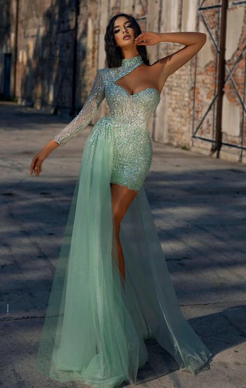 Trendy Green One Sleeve Sequins Mermaid Evening Gown JTE766 Trendy Green One Sleeve Sequins Mermaid Evening Gown JTE766