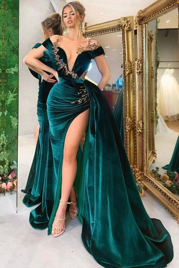 Trendy Velvet Bottle Neck Crystals Off Shoulder Celebrity Evening Gown JTE773