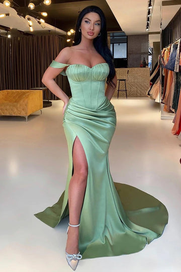 Trendy Dusty Green Off-the-Shoulder Satin Split Mermaid Evening Gown JTE779