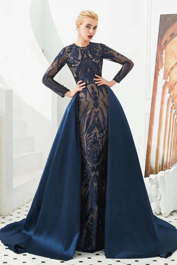 Trendy Navy-Blue Long Sleeve Lace Applique Overskirt Mermaid Evening Gown JTE789