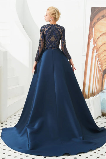 Trendy Navy-Blue Long Sleeve Lace Applique Overskirt Mermaid Evening Gown JTE789